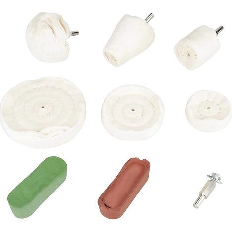 Ensemble de 9 pièces comprenant des disques de polissage coniques, cylindriques et en forme de champignon, ainsi qu'une pâte à polir brune/verte.