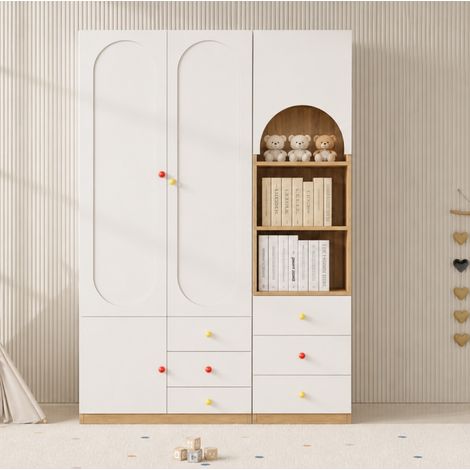 Armadio camera da letto con scaffale libreria 130x50x200 cm - set guardaroba modulare per cameretta bambini in mdf legno stile scandinavo - bianco e naturale (1/5)