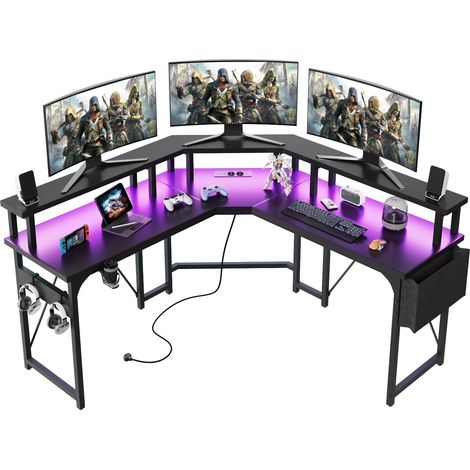 Devoko Bureau d'angle Table double couche avec éclairage réglable, grande table symétrique en forme de L, 104 cm × 2, noir