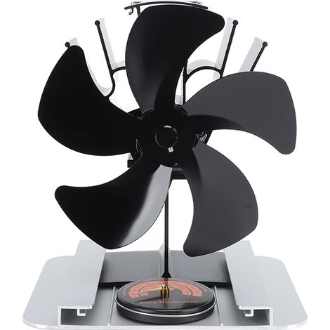 Ventilateur de poêle à énergie thermique 5 pales en alliage d'aluminium avec thermomètre pour poêle à bois, poêle à kérosène, noir (1/5)