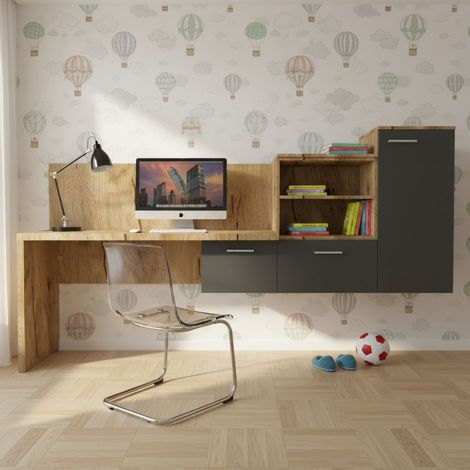Angolo studio con scrivania parzialmente sospesa e libreria - Design moderno e personalizzabile - Quercia e basalto