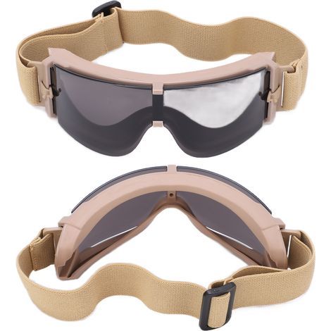 Stoßfeste und atmungsaktive Militärschutzbrille für Damen und Herren, khakifarbenes Gestell, graue Gläser. (1/5)