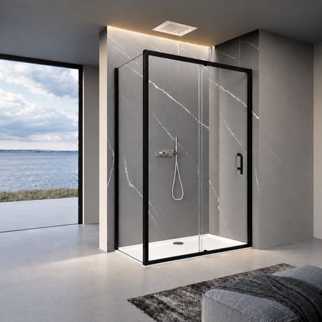1200 x 900mm Sliding Door Shower Enclosure with Side Panel, 5mm Safety Glass Matt Black Framed Corner Shower Cubicle (1/5)