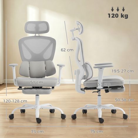 Fauteuil de travail ergonomique, chaise de bureau à dossier réglable avec appui lombaire dynamique, dimensions 73x75x120-128cm, coloris gris (1/5)