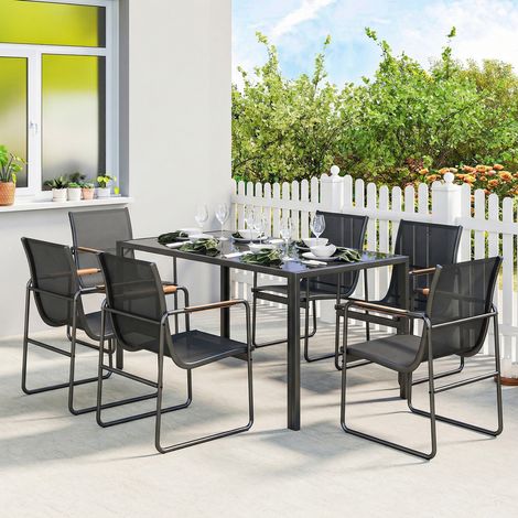 Ensemble extérieur 7 Noir pièces acier : table verre trempé + 6 chaises texteline respirantes (1/4)