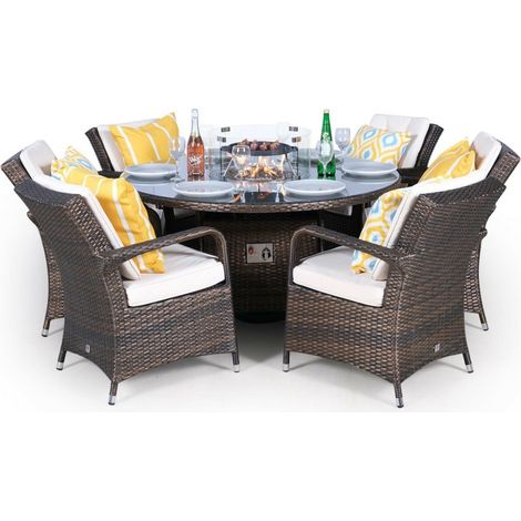 Arizona Fire Pit 6 Seater Round Rattan Dining Set - Brown (1/5)