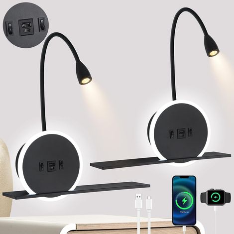 2-Piece LED Bedside Lamp with Switch Reading Lamp with USB Port + Type C, Black, 3 W 3000 K + 9 W 6000 K Wall Lamp, Bedside Lamp for Hotel Rooms (1/5)