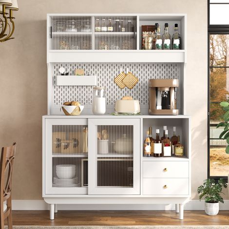 Aparador de cocina blanco con 4 puertas correderas de vidrio estriado, 2 cajones y panel perforado, 117 cm, MDF y tablero de partículas para cocina-FLORAGRACE (1/5)