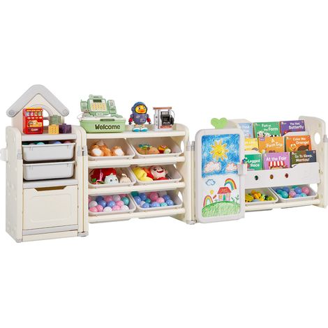 Meuble de rangement jouets enfant avec bibliothèque et planche à dessin, grande étagère d'organisateur de jouets à 4 niveaux avec 10 bacs en plastique amovibles, pour salle de jeux, crèche (1/5)