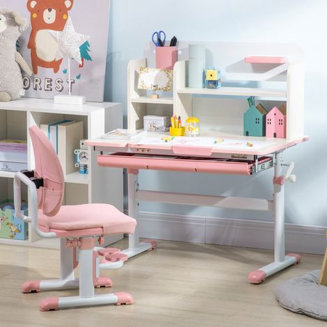Escritorio infantil con silla para niños de 3 a 12 años, altura regulable, tablero reclinable y cojines acolchados, acero y MDF, rosa.
