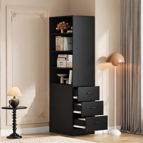 Meuble étagère haut 180 cm avec tiroirs latéraux noir panneaux (1/5)