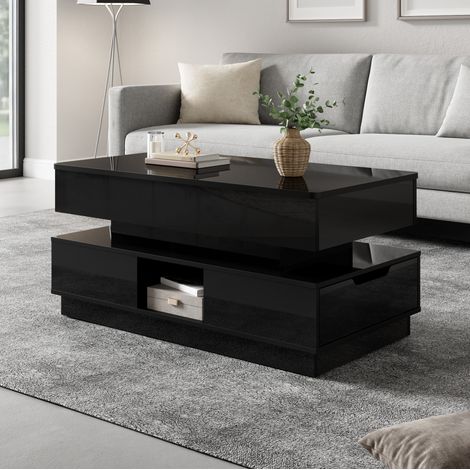 Table basse relevable avec rangement, LED, prise intégrée, MDF noir brillant, 90 x 48 x 42,5 cm (1/5)