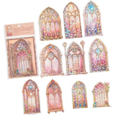 Lot de 10 autocollants holographiques 3D en PET rose, aux couleurs vives et au design effet fenêtre. Application facile. Idéal pour carnets et journaux.