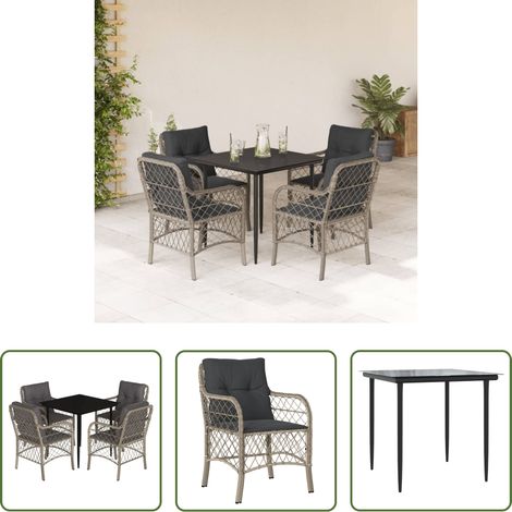 Gartenessgruppe - 5-tlg. Garten-Essgruppe mit Kissen Hellgrau Poly Rattan (1/5)