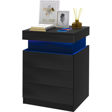 Haloyo® Table de chevet Haute Brillance avec LED Lumières,Armoire Commode 3 Tiroirs Table de Nuit Meuble de chambre, 45x40x67cm, noir (1/5)