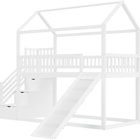 Letto a soppalco per bambini 90 x 200 cm bianco con scivolo e scala contenitore (1/5)
