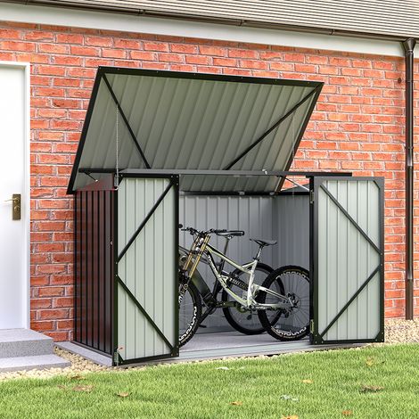 Black Outdoor Metal Garbage Storage Shed with Hinged Lid (1/5)