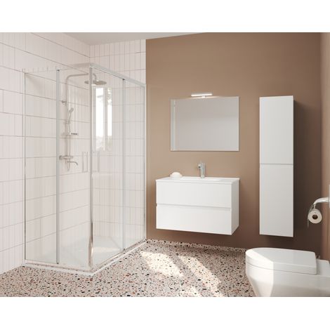 Meuble de salle de bain suspendu 80 cm en bois blanc brillant avec vasque et miroir - Empoli - Avec colonne miroir et lampe LED (1/5)
