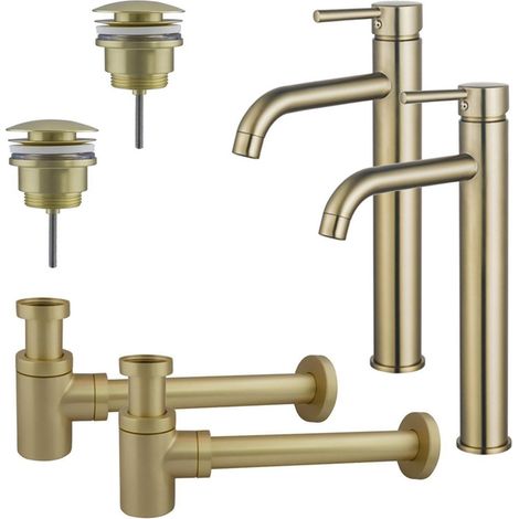 FugaFlow Eccelente Sobrado Kit robinet lavabo - pour double vasque - robinet rehaussé - bonde clic clac - siphon design bas - Laiton brossé PVD (1/4)