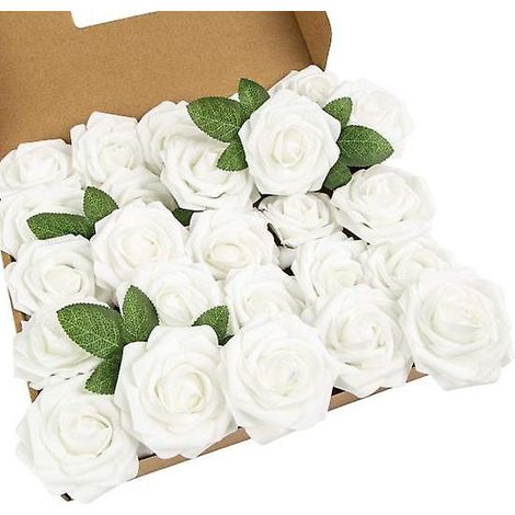 25 têtes de roses artificielles avec tige pour bouquets de mariage à faire soi-mêmeblanc (1/2)