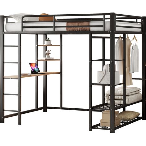 Lit mezzanine métal noir 140x200 cm avec échelle, bureau MDF et rangement penderie, sommier à lattes inclus (1/5)