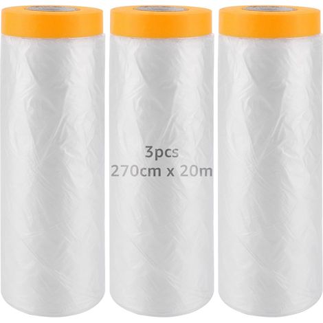 Lot de 3 films de masquage avec ruban, 270 cm x 20 m, PE washi, peinture protection meubles sols (1/5)