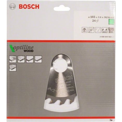 BOSCH DISCO SIERRA OPTILINE MADERA130 X 2.4 X 20/16D: 20WZ Diámetro disco x eje (mm) 165x30 Número de dientes 24