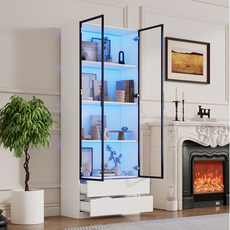 Vitrina 80x34x200 cm blanca en tablero de partículas y vidrio con LED, 2 puertas, 2 cajones y 6 niveles (1/5)