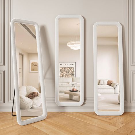 Specchio da terra a figura intera 160x50 cm per camera da letto e cabina armadio stile romantico francese cornice in velluto imbottito angoli arrotondati - Bianco (1/5)