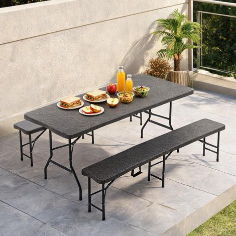 Table de pique-nique pliante 6 personnes avec bancs HDPE marron (1/5)