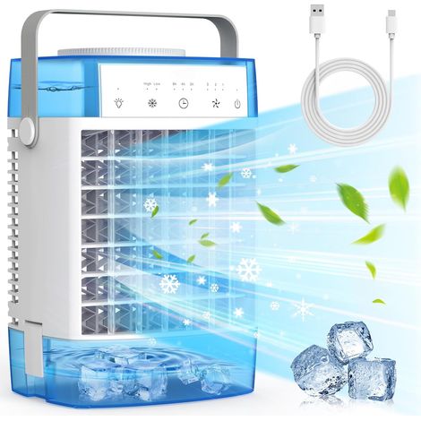 Petit climatiseur 4 en 1, Ventilateur de refroidissement rechargeable, Ventilateur brumisateur avec réservoir d'eau, minuterie, 7 couleurs d'éclairage (1/5)