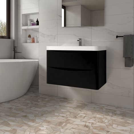 800mm Wall Hung Matt Black Bathroom Vanity Unit with Basin Sink Storage Cabinet (1/5)
