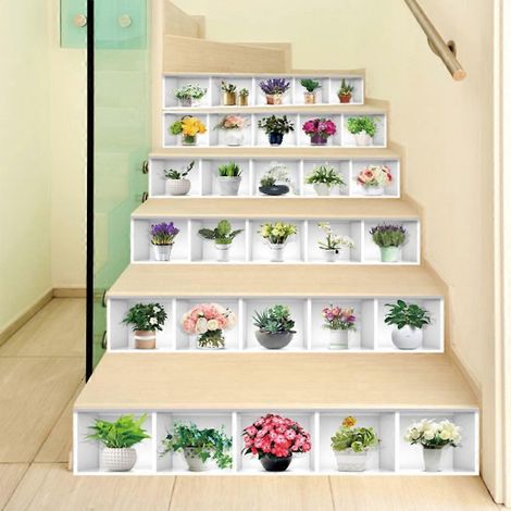 Lot de 6 autocollants de sol 3D pour plantes en pot, à coller soi-même sur les contremarches d'escalier. (1/4)