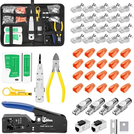 Kits, Pince à Sertir RJ45 avec 20 Connecteurs, 4 Connecteur réseau Cat7, outil de raccordement LSA, Testeur de réseau, outils de réparation RJ45/RJ11/RJ12 (1/5)