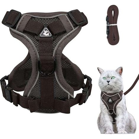 Pettorina con guinzaglio per gatti, da passeggio, riflettente, antiscivolo, marrone, XS