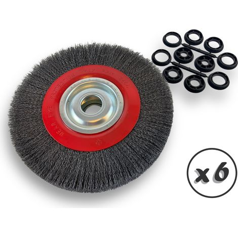 Lot de 6 brosses circulaires ACIER Ø 250 mm Epaisseur 3 rangs Fil dur 0.30 mm ondulé Alésage 32 mm + réducteur bague 25/22/20/16/12 mm Touret affûteuse ponceuse Kibros 231253ATx6 (1/5)
