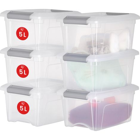 Iris Ohyama Scatole Portaoggetti in Plastica con Coperchio, 5L, Lotto di 6, Argento, Clip di Bloccaggio, Empilabile, Maniglia, Per Camera, Armadio, Ufficio, Organizzatore, Senza BPA Plastica, NTB-5