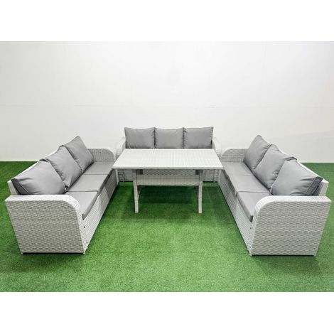 Fimous PE Rattan Lounge Sofa Set 9 Seater Outdoor Garden Furniture Set with Rectangular Dining Table 3 Seater Sofa Light Grey (1/4)