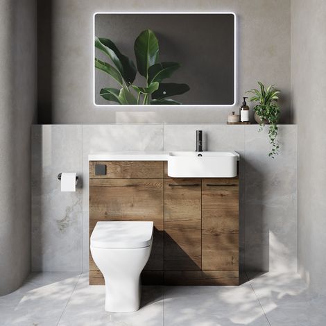 Napoli 250 Tobacco Oak 1000mm 2 Door Vanity Unit Toilet Suite with Right Hand Round Rico Semi Recessed Basin - 1000mm - Matt Black 160mm HandleWith Kingston Toilet Pan and Seat