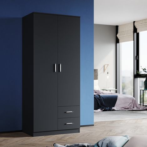 ELEGANT Modern Soft Close Wardrobe Double 2 Doors Wardrobe with Drawers Bedroom Furniture Large Storage Wardrobe, Black