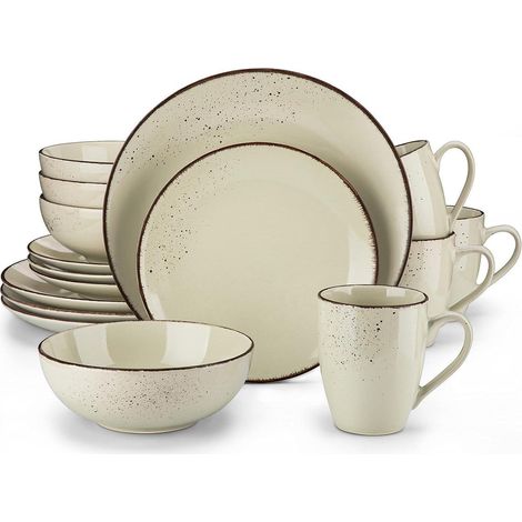 Tafelservice Set 16-teilig Steingut Vintage Natur Design Beige (1/5)