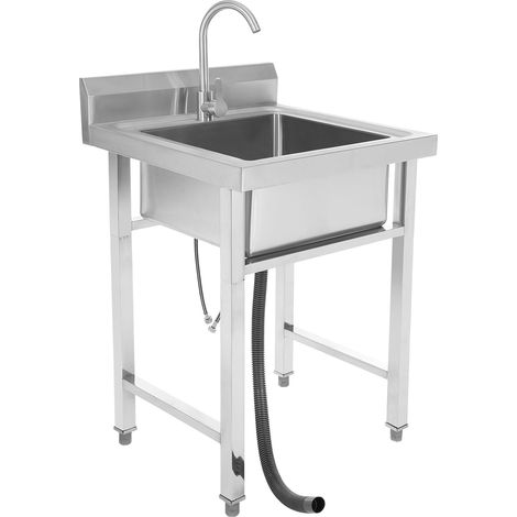 Lavello singolo autoportante in acciaio inox, 1 vasca, 60 x 60 x 93 cm, con rubinetto girevole a 360°, lavello da cucina, irrigatore a nido d'ape, per esterni, interni, cucina, ristorante (1/5)