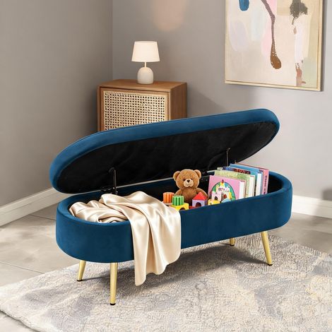 Banc de rangement en velours bleu foncé avec structure en bois (1/5)