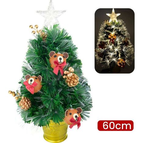 Trade Shop - MINI-WEISSBAUM 60 CM MIT DEKORATION KUGELN BÄR UND LICHTERN INKLUSIVE TANNENZAPFEN -