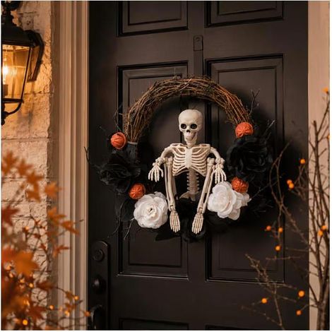 Guirlande de Porte Halloween avec Squelette, Décoration Noire et Blanche avec Cloches Orange, pour Porte, Porche et Mur (1/5)