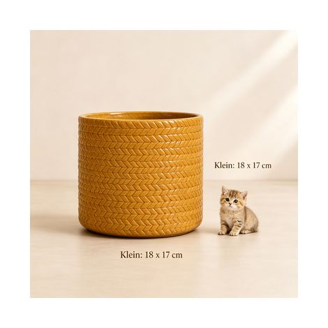 Conjunto de macetas de cerámica hechas a mano, pieza (Ø17,5 cm), amarillo trigo brillante, con relieve redondo en forma de rebanada de pescado, transpirable, resistente a las heladas, con agujeros en  (1/5)