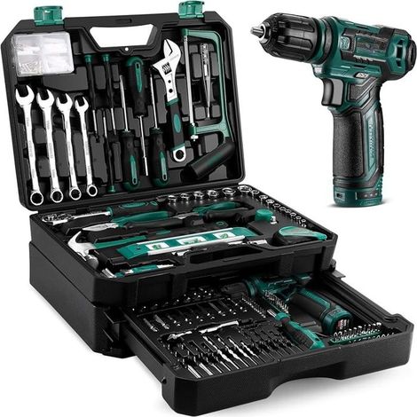Caisse à outils complète - AUTREMENT - 238 pièces - Perceuse visseuse 12V - Batterie 1.5Ah USB‑C - Plastique renforcé (1/5)