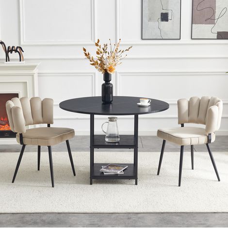 Conjunto de comedor, mesa redonda 107x107x75 cm, doble estante, 2 sillas tapizadas, MDF y metal negro, café claro (1/5)