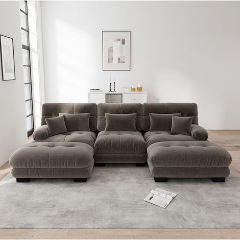 Divano modulare in chenille marrone con ottomane mobili, configurabile a U, ad angolo o lineare (1/5)
