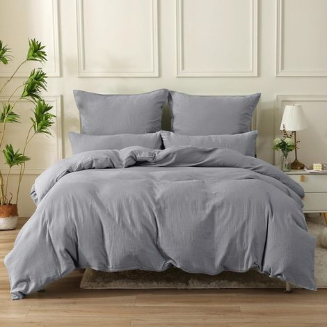 Bettwäsche-Set 220x240 cm Baumwolle Doppelt-Musselin Grau mit 2 Kissenbezügen 80x80 cm (1/5)